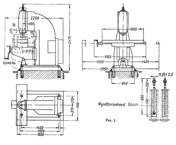 Габаритные розміри робочого простору консольно-фрезерного верстата 615